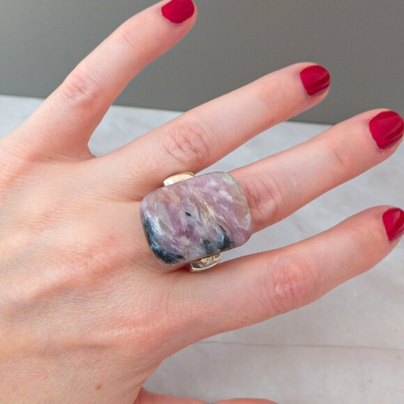 Sterling Silver Charoite & Moonstone Statement Ring – Size 7.75 - Picture 1 of 17